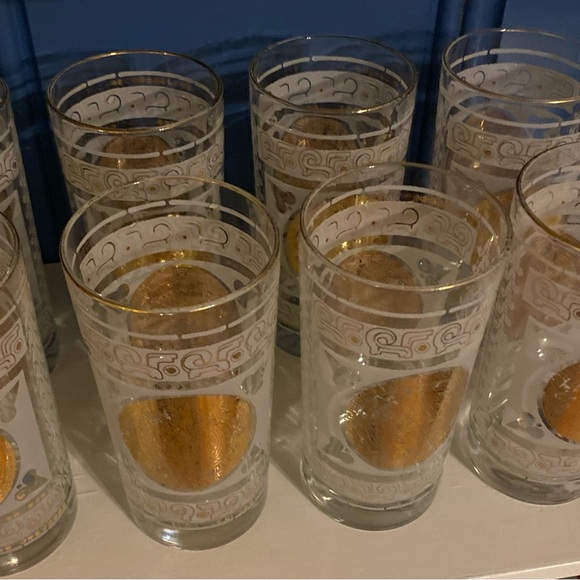 mid century modern Hazel Atlas Frosted and Gilded Aztec Tumbler Cocktail Glasses - Picture 5 of 6